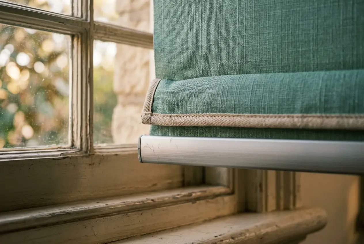 Close-up detail of blind fabric hem and hardware against a heritage timber window frame in sea-glass green and rope beige