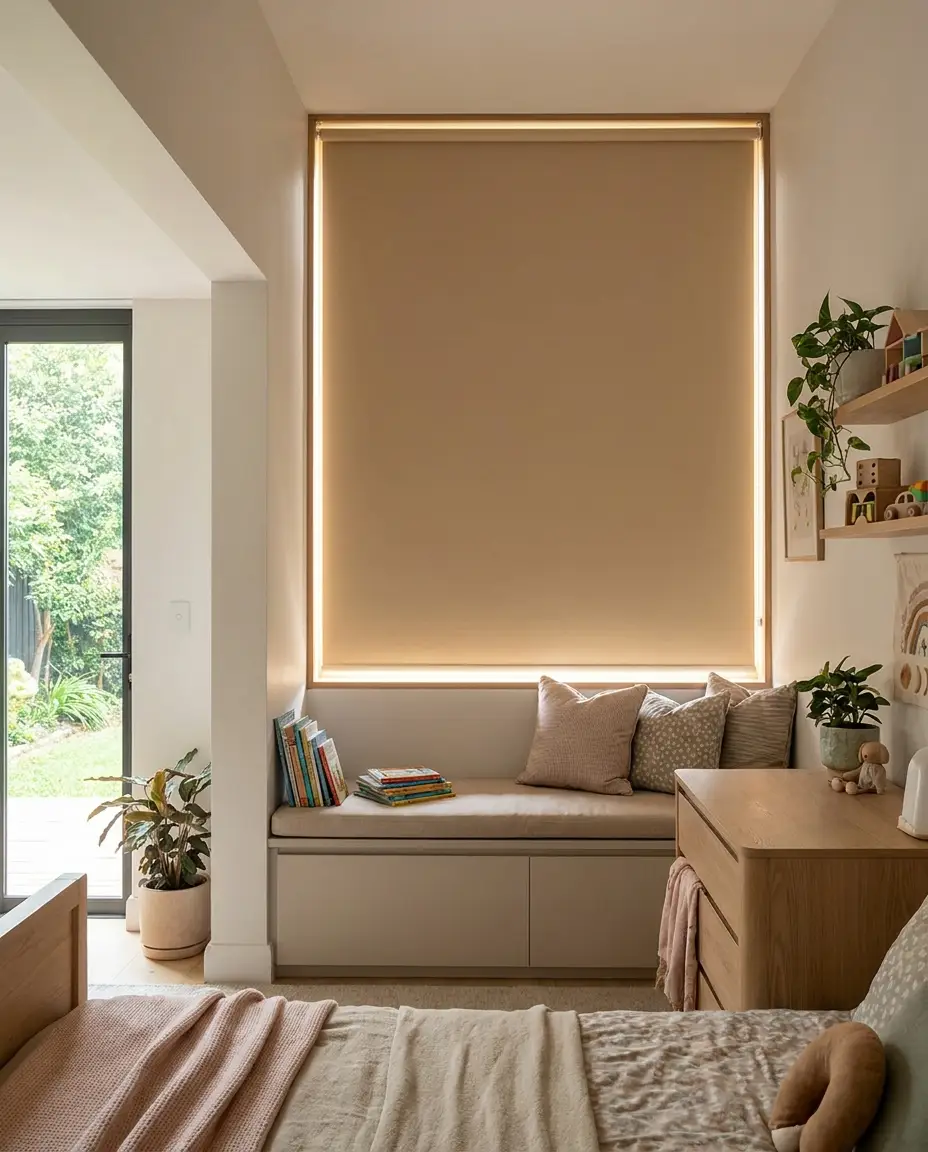 Children's bedroom in a Craighall Park family home extension fitted with a blockout roller blind in warm neutral fabric