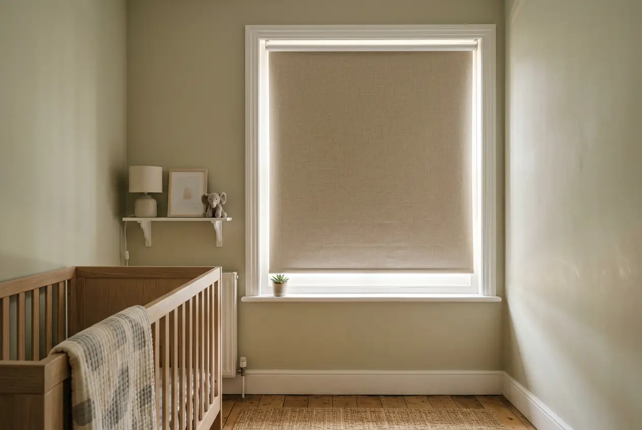 A nursery-styled Parkwood bedroom with a blockout roller blind lowered across the east-facing window in a soft neutral fabric