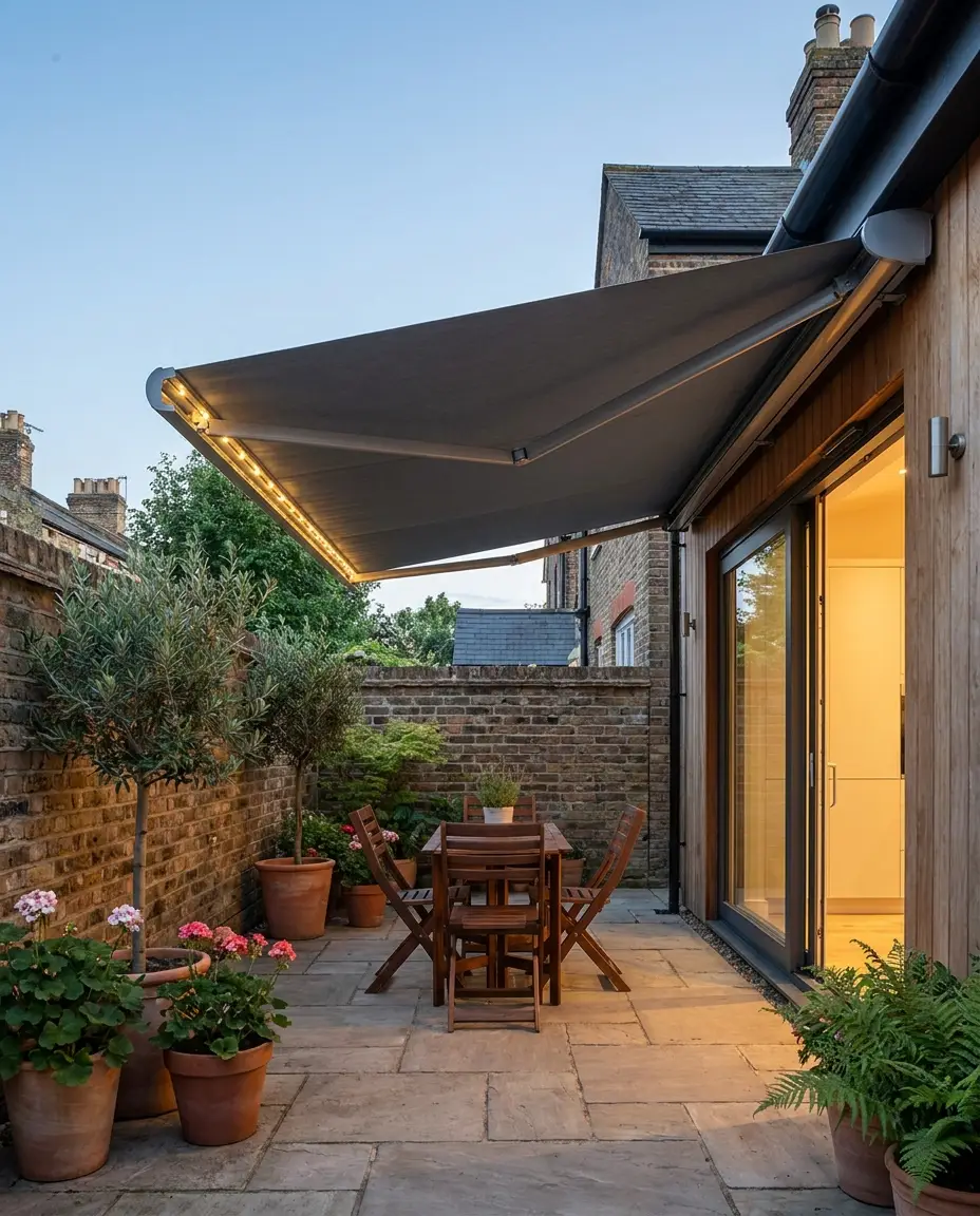 Compact Parkhurst courtyard patio shaded by a folding-arm awning at dusk, potted plants lining the boundary wall