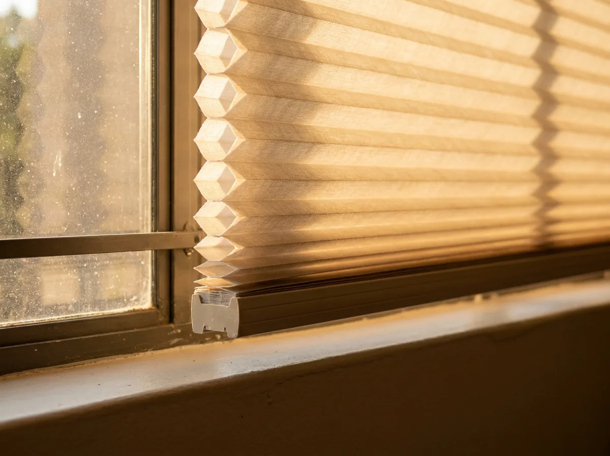 Close-up of a cellular honeycomb blind showing its rows of hexagonal air cells in cross-section, with warm late-afternoon light glowing through