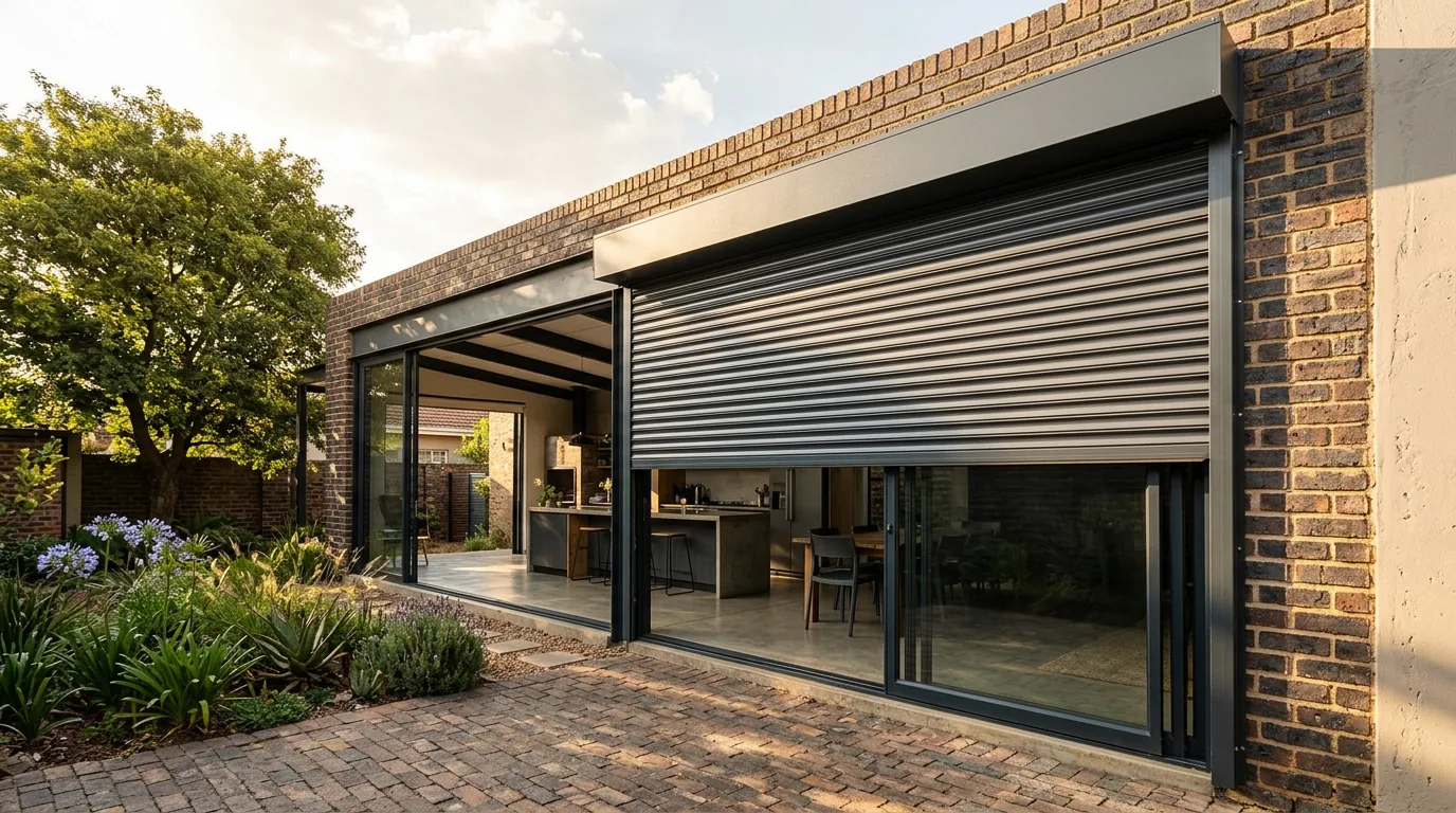 An external aluminium roller shutter lowered two-thirds of the way down over the wide sliding glass doors of a renovated home's rear extension, running in vertical side channels from a headbox, with late-afternoon sun raking across the brickwork
