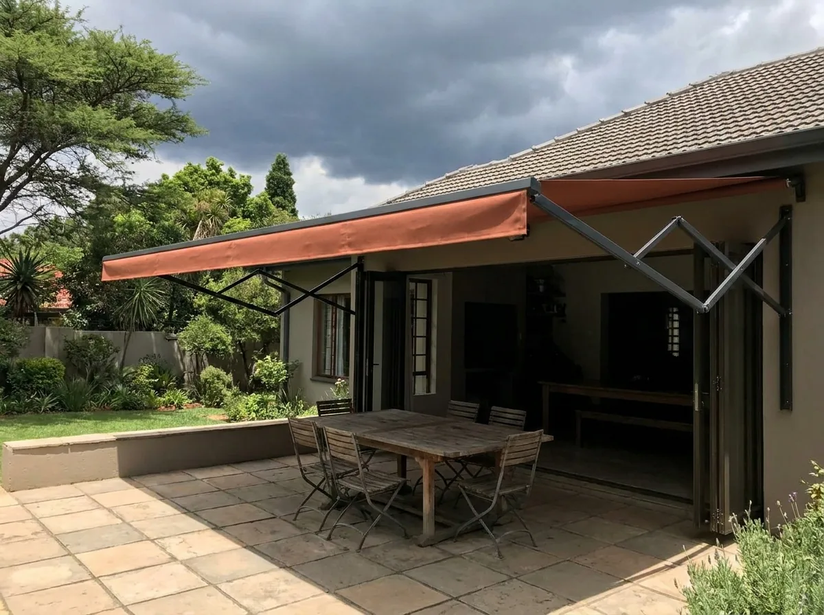 A folding-arm awning fully extended over a paved patio on its articulated aluminium arms, with dark highveld thunderstorm cloud building behind the roofline
