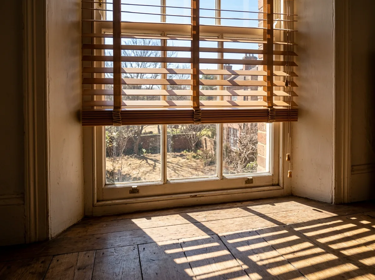 A timber venetian blind of flat horizontal wooden slats on ladder cords, tilted against low winter sun in an original painted-timber sash window with a deep reveal