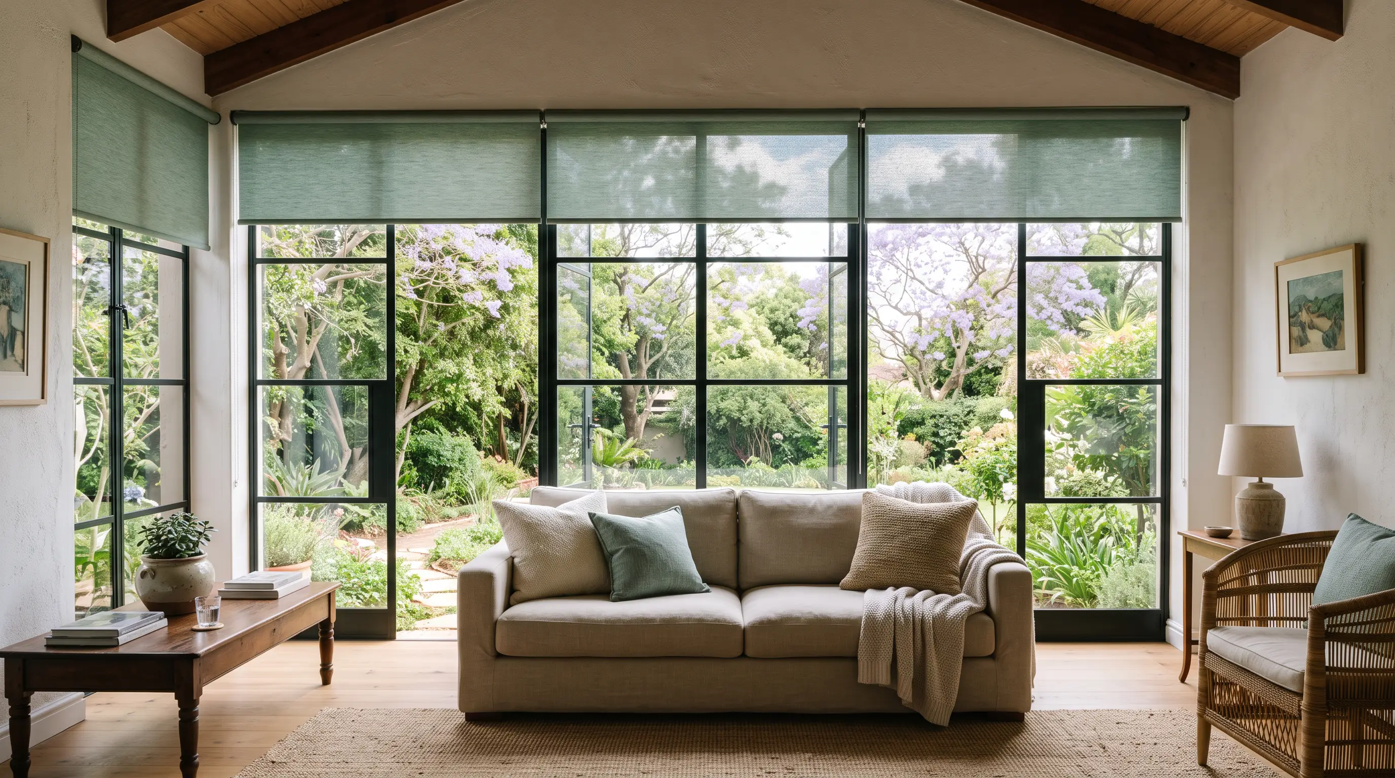 Village-renovation home in Parkwood, Johannesburg with motorised blinds framing the garden view in sea-glass green and salt white tones