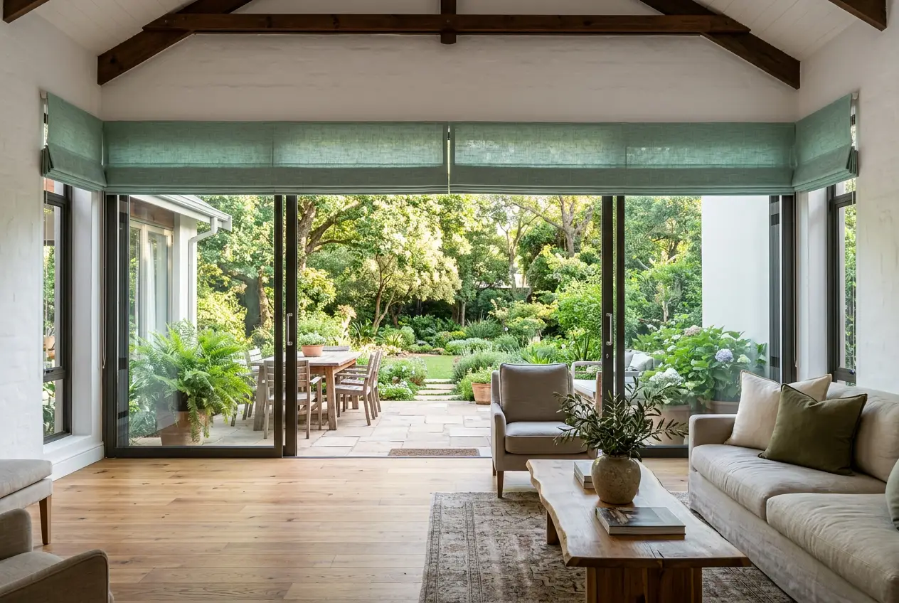 Renovated Parktown North living space with motorised roller blinds partially raised, framing the garden view in soft sea-glass green tones