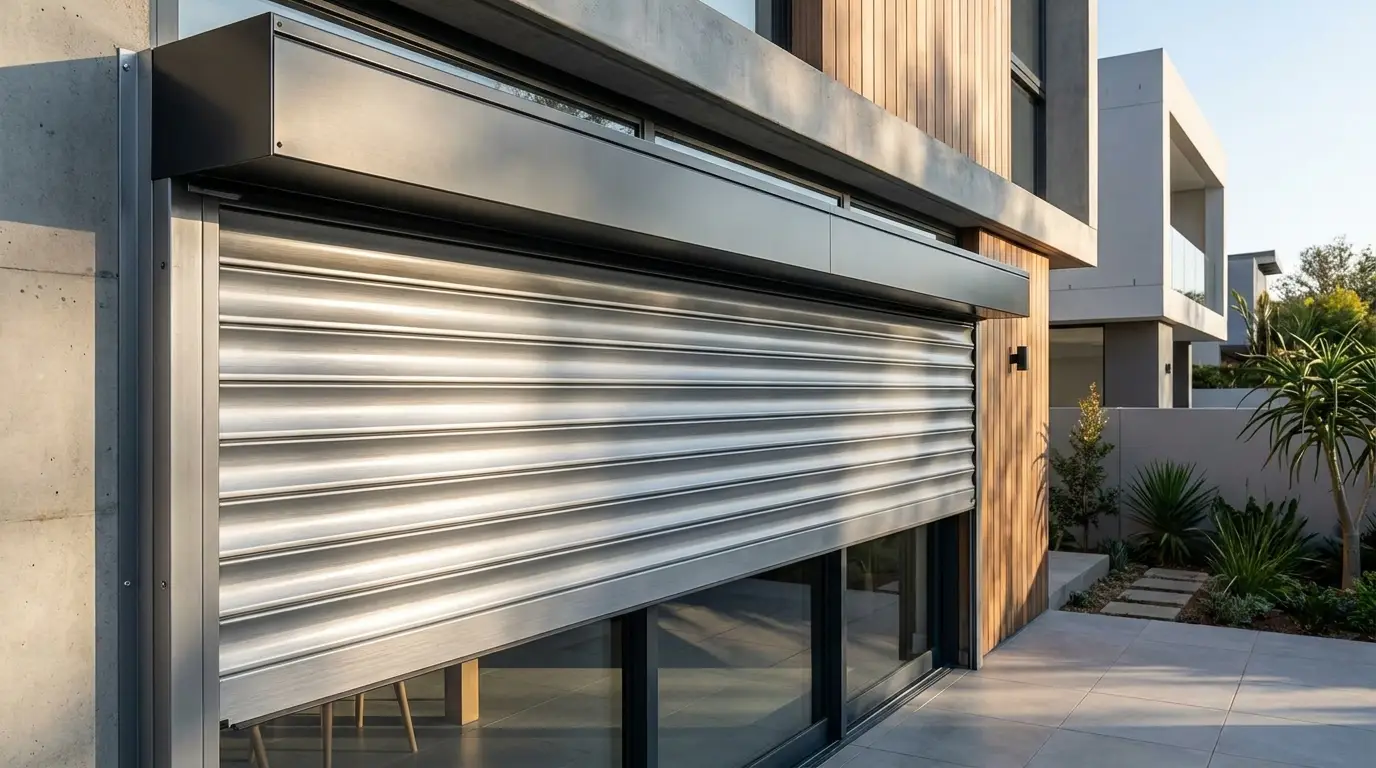 Close angled view of an external aluminium roller shutter lowering from its headbox in side guide channels over a west-facing glass sliding door