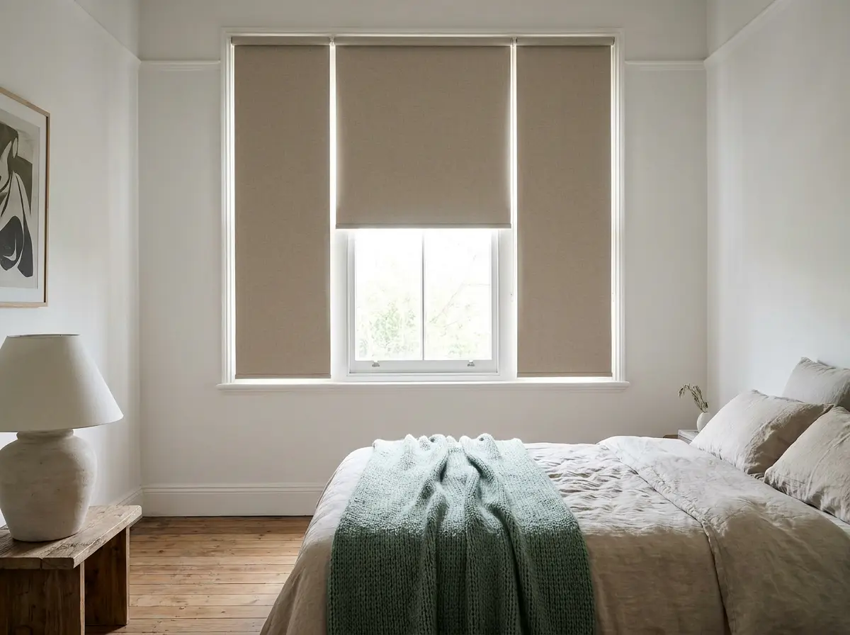 Bedroom in a renovated Parkwood home fitted with blockout blinds in soft rope beige