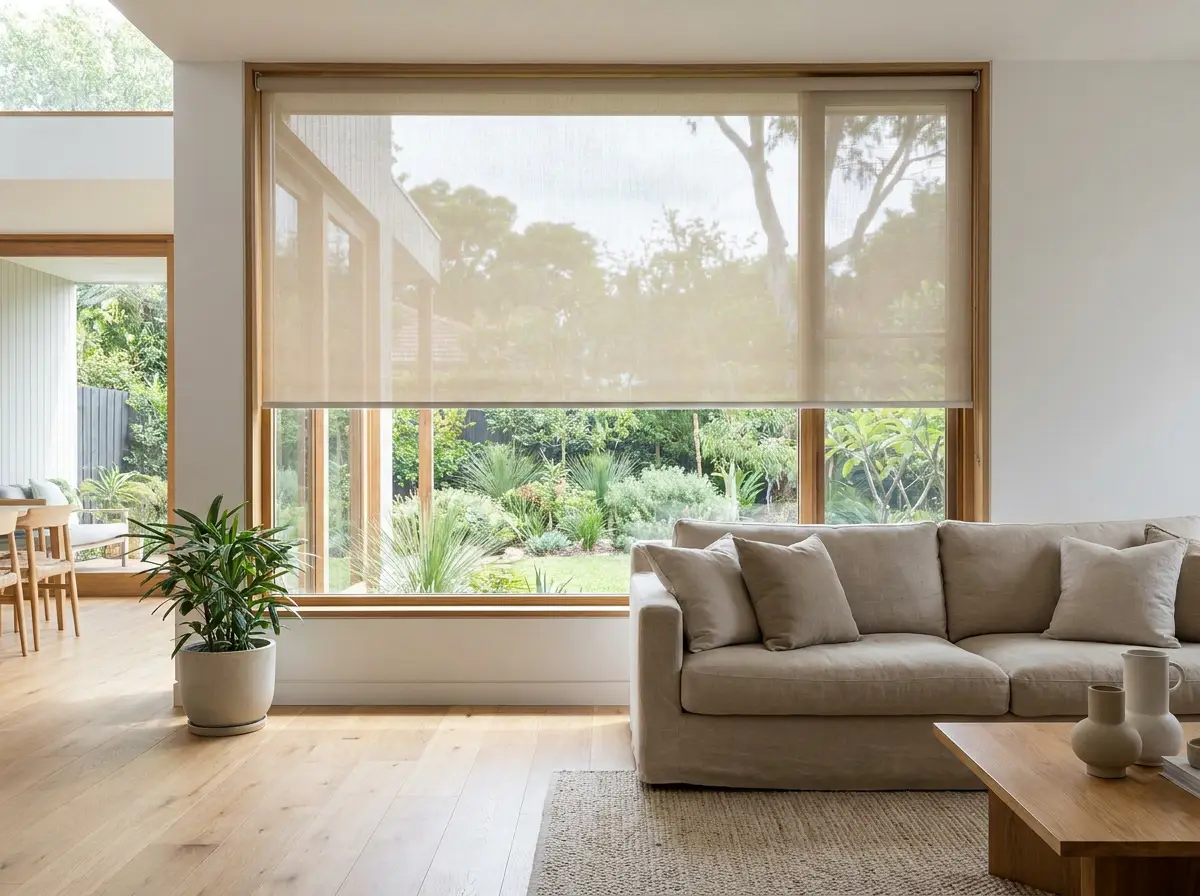 A north-facing Parkwood living room window fitted with an open-weave sunscreen roller blind, keeping the garden view through the glass